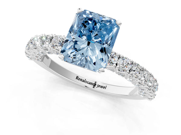White gold Fancy Blue Radiant Cut Diamond Pavé Band Solitaire Ring with Prong Setting