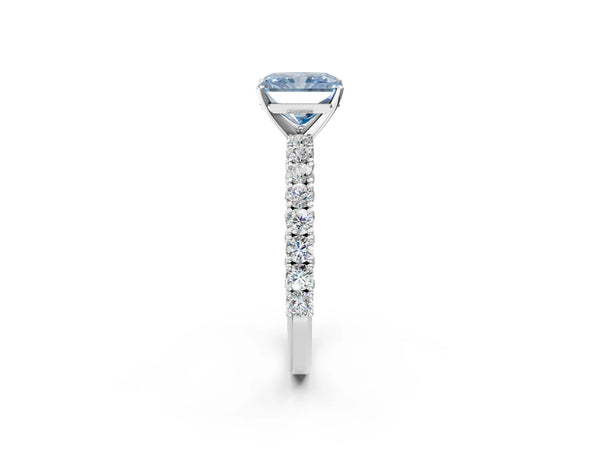 White gold Fancy Blue Radiant Cut Diamond Pavé Band Solitaire Ring with Prong Setting