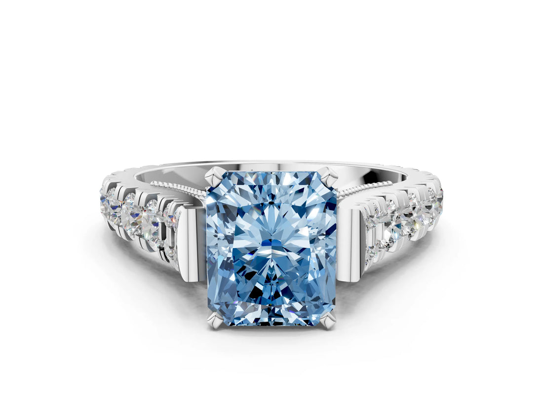 White gold Fancy Blue Radiant  Cut Diamond Pavé Band Solitaire with Four-Prong Setting_15