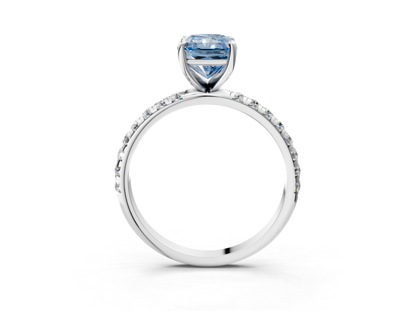 White gold Fancy Blue Radiant  Cut Diamond Solitaire Ring with Micro Pave Band and Four Prong Setting