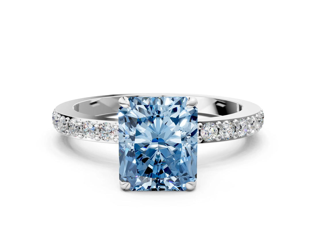 White gold Fancy Blue Radiant Cut Diamond Pavé Engagement Ring with Round  Accents and Prong Setting_95