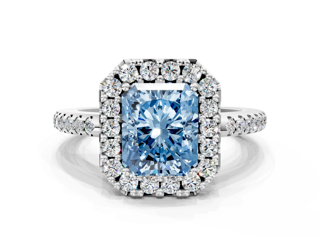 White gold Fancy Blue Radiant Cut Diamond Pavé Halo Ring with Four-Prong Setting_48