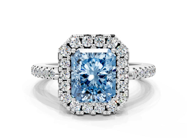 Platinum Fancy Blue Radiant Cut Diamond Pavé Halo Ring with Four-Prong Setting