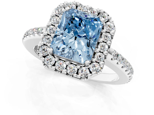 Platinum Fancy Blue Radiant Cut Diamond Pavé Halo Ring with Four-Prong Setting