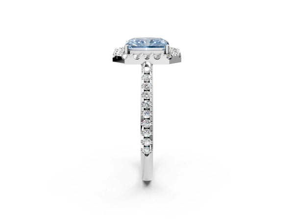 Platinum Fancy Blue Radiant Cut Diamond Pavé Halo Ring with Four-Prong Setting