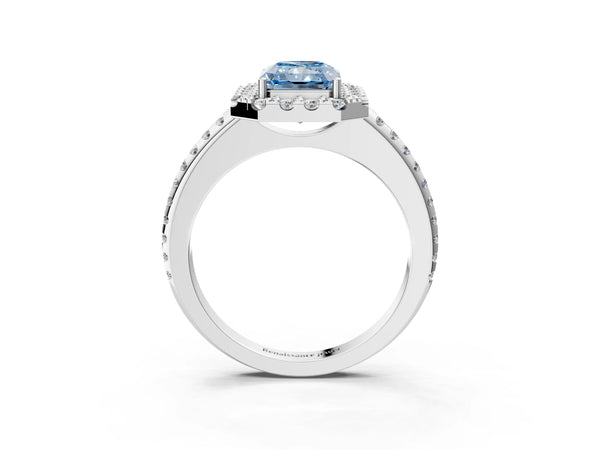 Platinum Fancy Blue Radiant Cut Diamond Pavé Halo Ring with Four-Prong Setting