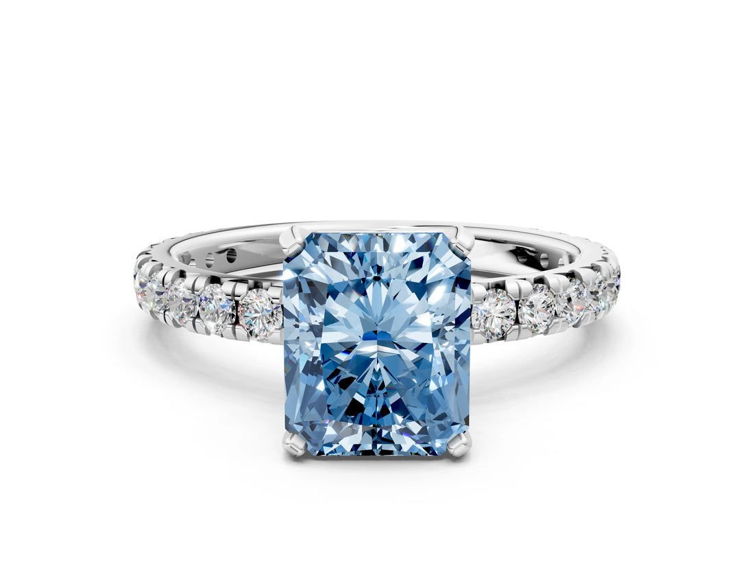 White gold Fancy Blue Radiant Cut Diamond Pavé Solitaire Ring with Round Band and Prong Setting_13