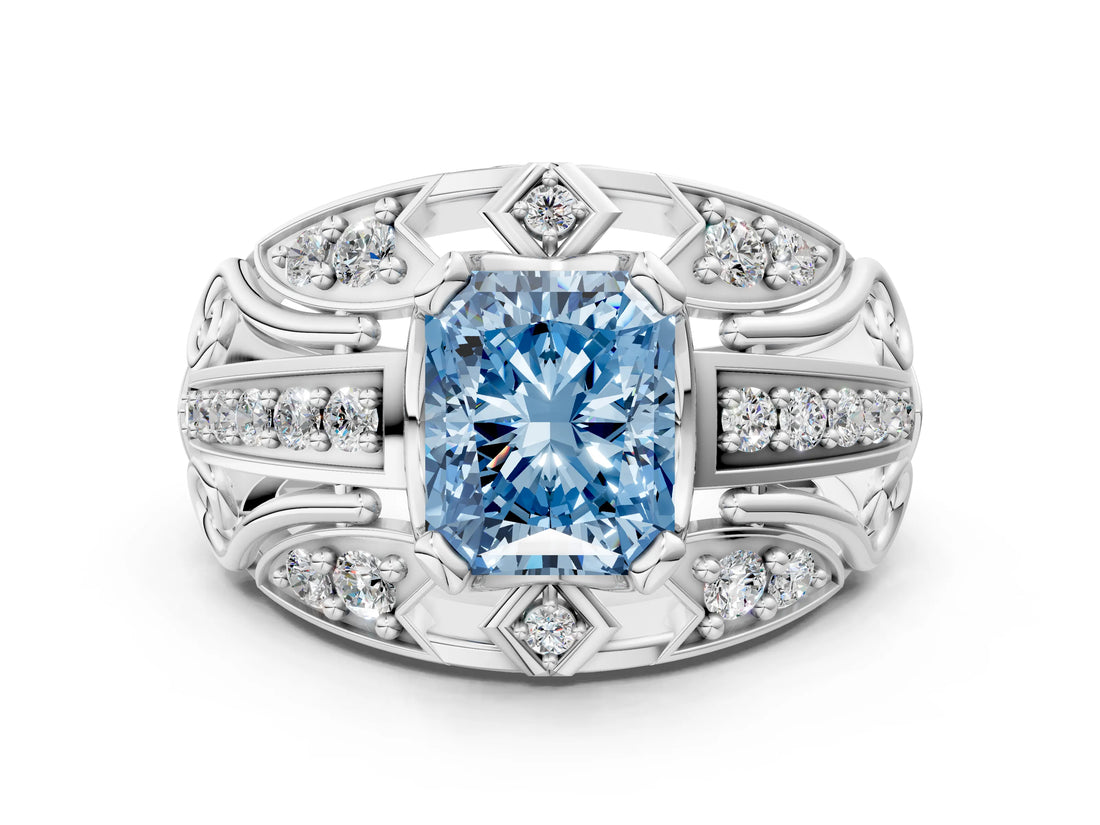 White gold Fancy Blue Radiant Cut Diamond Pave Art Deco Split Shank Ring with Four-Prong Setting