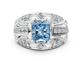 White gold Fancy Blue Radiant Cut Diamond Pave Art Deco Split Shank Ring with Four-Prong Setting