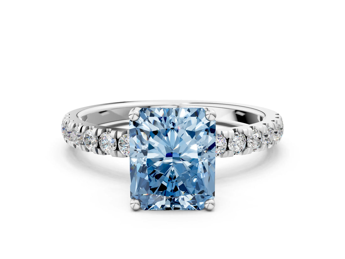 White gold Fancy Blue Radiant Cut Diamond Pave Band Solitaire Ring with Round  and Prong Setting_130
