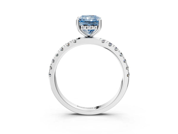 White gold Fancy Blue Radiant Cut Diamond Pave Band Solitaire Ring with Round  and Prong Setting