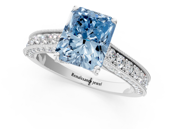 Platinum Fancy Blue Radiant  Cut Diamond Solitaire Ring with Milgrain Pave Band and Four Prong Setting