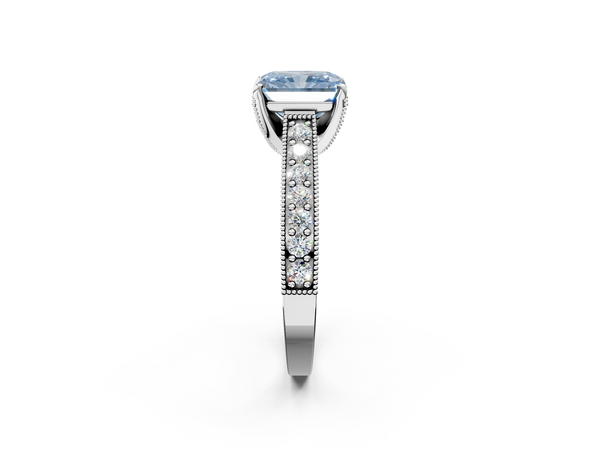 Platinum Fancy Blue Radiant  Cut Diamond Solitaire Ring with Milgrain Pave Band and Four Prong Setting