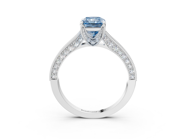 Platinum Fancy Blue Radiant  Cut Diamond Solitaire Ring with Milgrain Pave Band and Four Prong Setting
