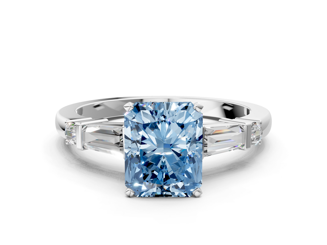White gold Fancy Blue Radiant  Cut Diamond Ring with Baguette Side Stones, Channel Set Band, and Four-Prong Setting_3