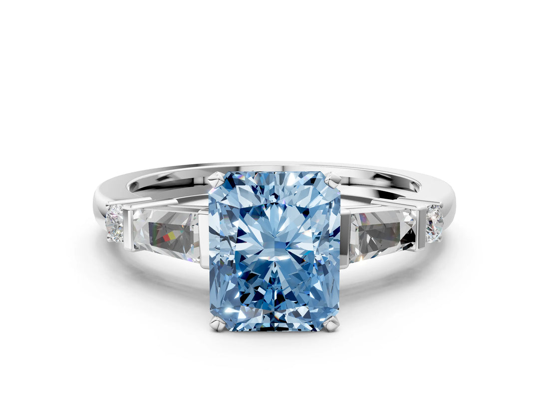 White gold Fancy Blue Radiant  Cut Diamond Ring with Baguette Side Stones, Channel Set Band, and Four-Prong Setting_36
