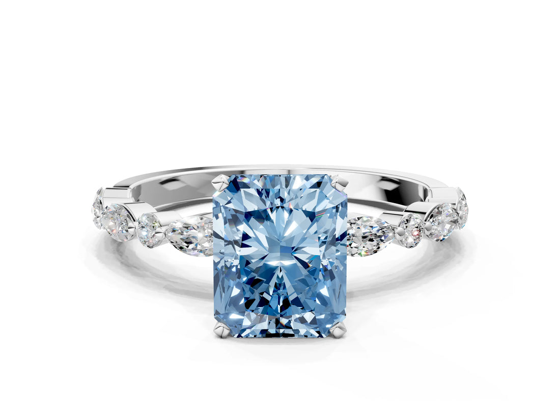White gold Fancy Blue Radiant Cut Diamond Ring with Marquise and Round  Side Stones and Four-Prong Setting_52