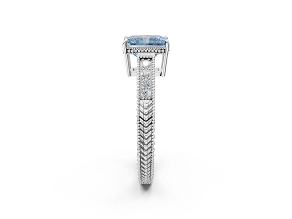 Platinum Fancy Blue Radiant Cut Diamond Ring with Milgrain Pavé Band and Four-Prong Setting