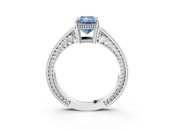 Platinum Fancy Blue Radiant Cut Diamond Ring with Milgrain Pavé Band and Four-Prong Setting