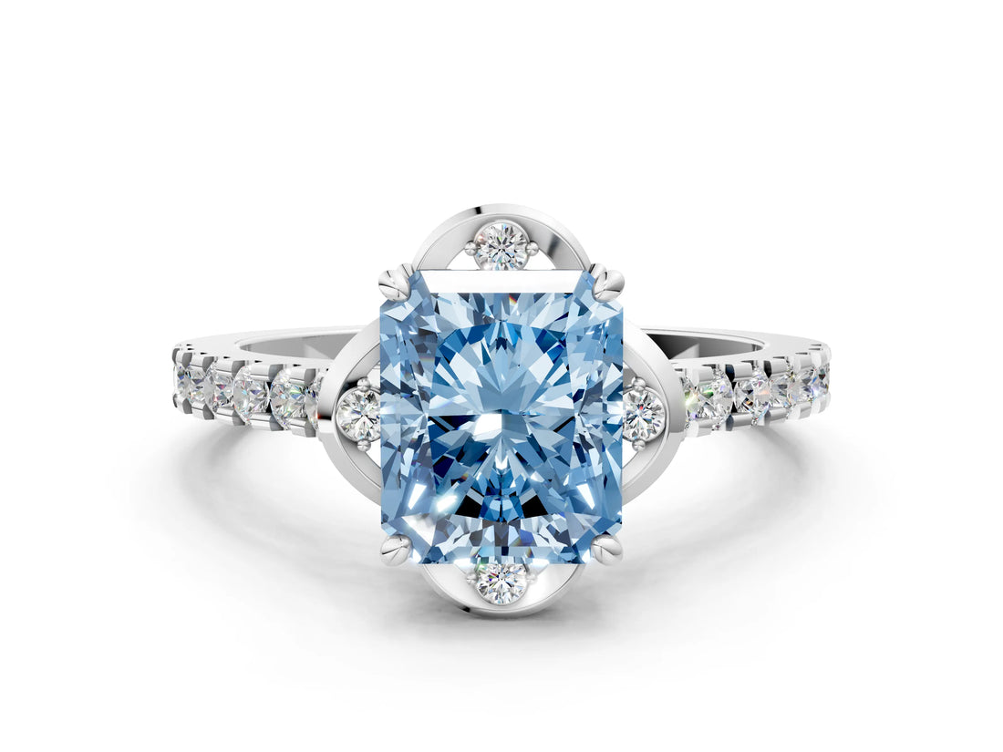 White gold Fancy Blue Radiant Cut Diamond Ring with Pavé Band and Floral Prong Setting_63