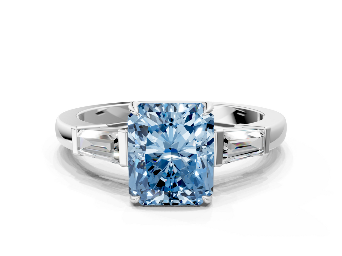 White gold Fancy Blue Radiant  Cut Diamond Ring with Tapered Baguette Side Stones in Four-Prong Setting_3