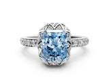White gold Fancy Blue Radiant Cut Diamond Scalloped Halo Engagement Ring with Round Shared Prong Band_12