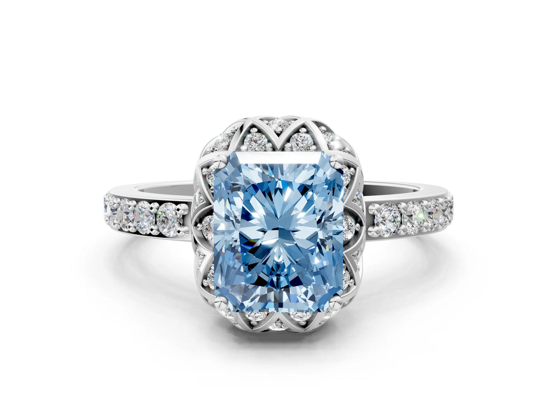 White gold Fancy Blue Radiant Cut Diamond Scalloped Halo Engagement Ring with Round Shared Prong Band_18