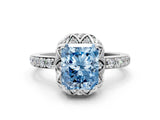 White gold Fancy Blue Radiant Cut Diamond Scalloped Halo Engagement Ring with Round Shared Prong Band_18