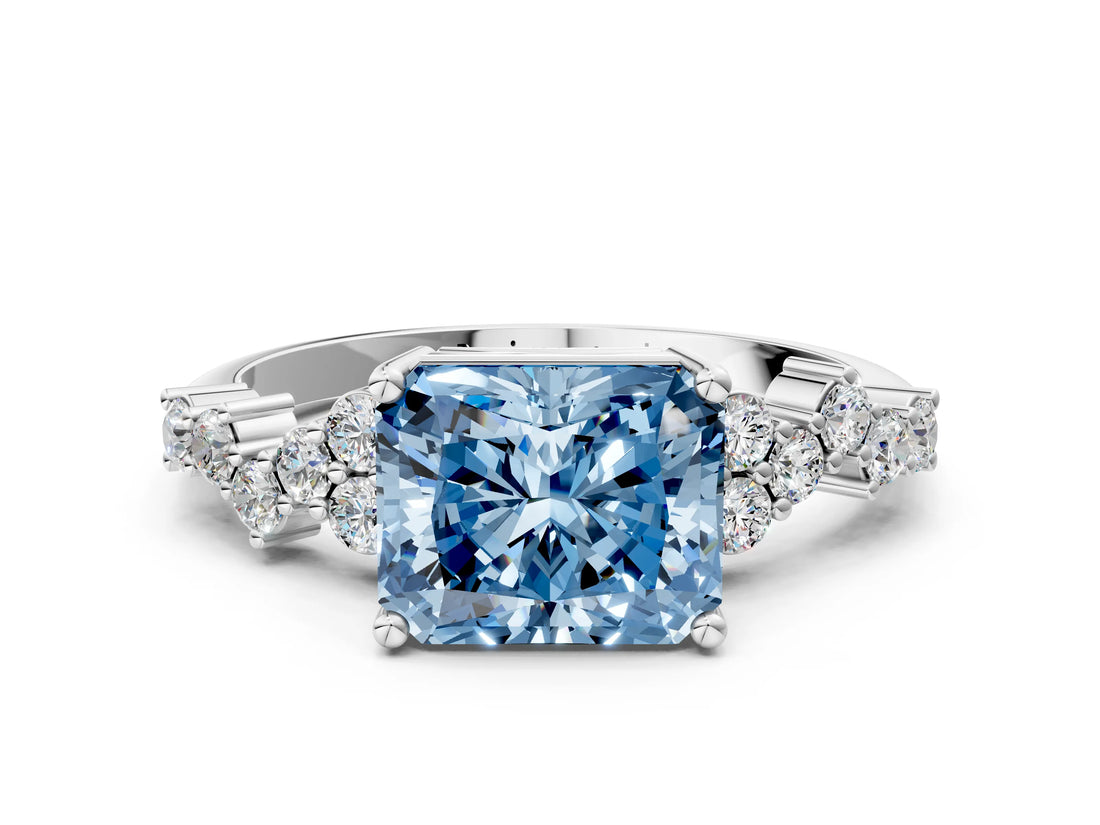 White gold Fancy Blue Radiant Cut Diamond Scattered Round Accent Ring with Prong Setting_13