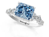 White gold Fancy Blue Radiant Cut Diamond Scattered Round Accent Ring with Prong Setting_14