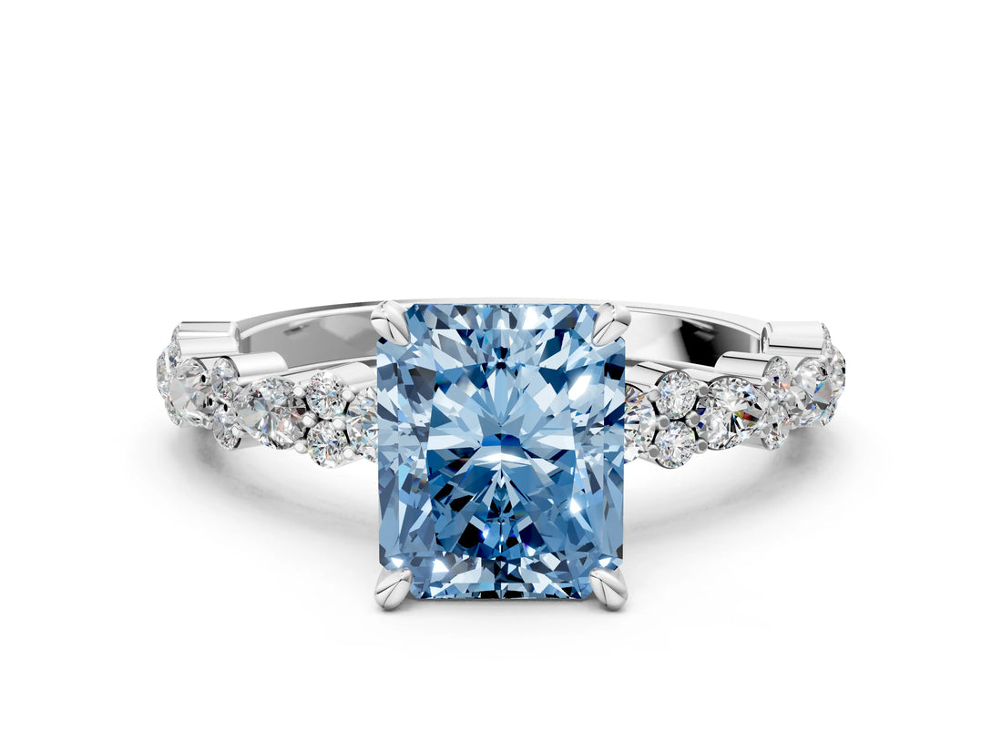 White gold Fancy Blue Radiant Cut Diamond Side Stone Solitaire Ring with Round  and Four-Prong Setting_12