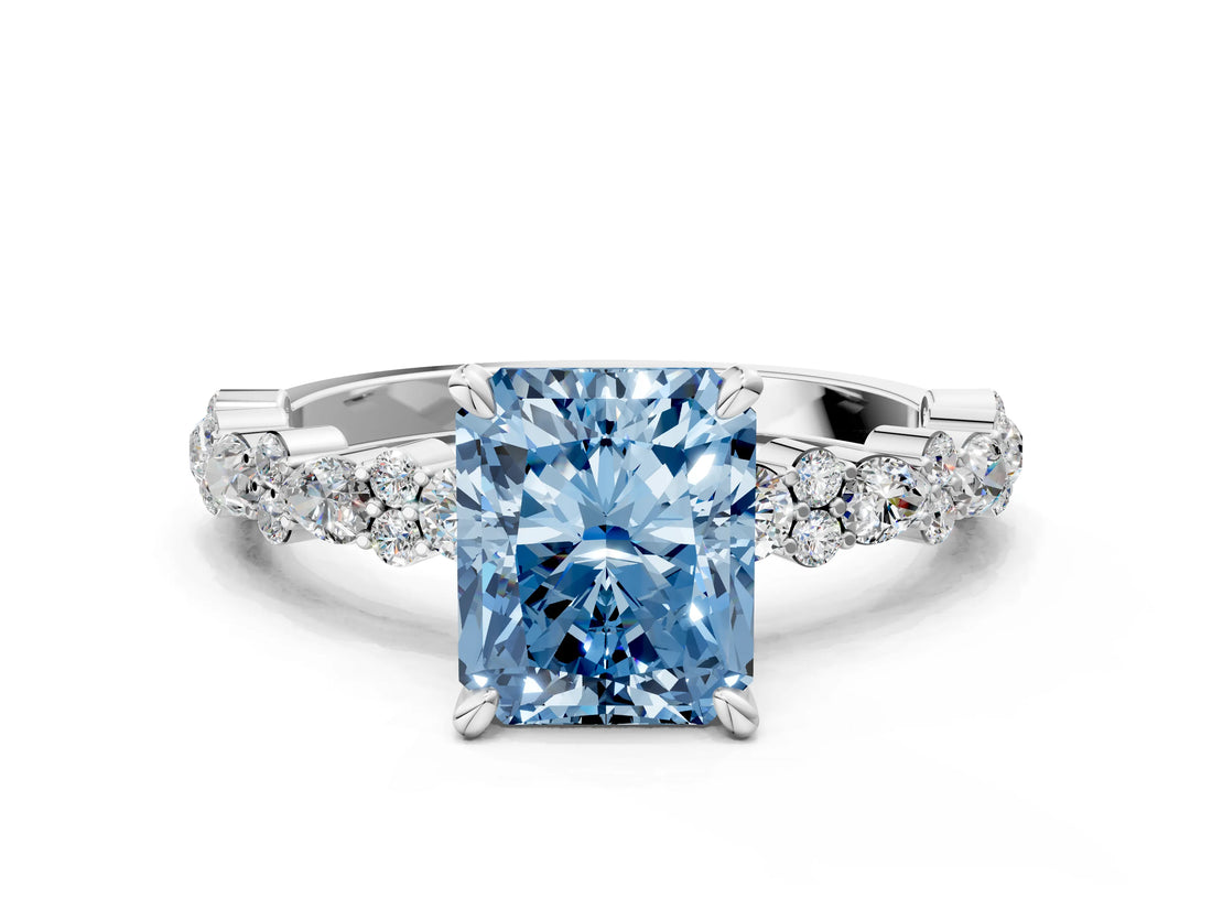 White gold Fancy Blue Radiant Cut Diamond Side Stone Solitaire Ring with Round  and Four-Prong Setting_149
