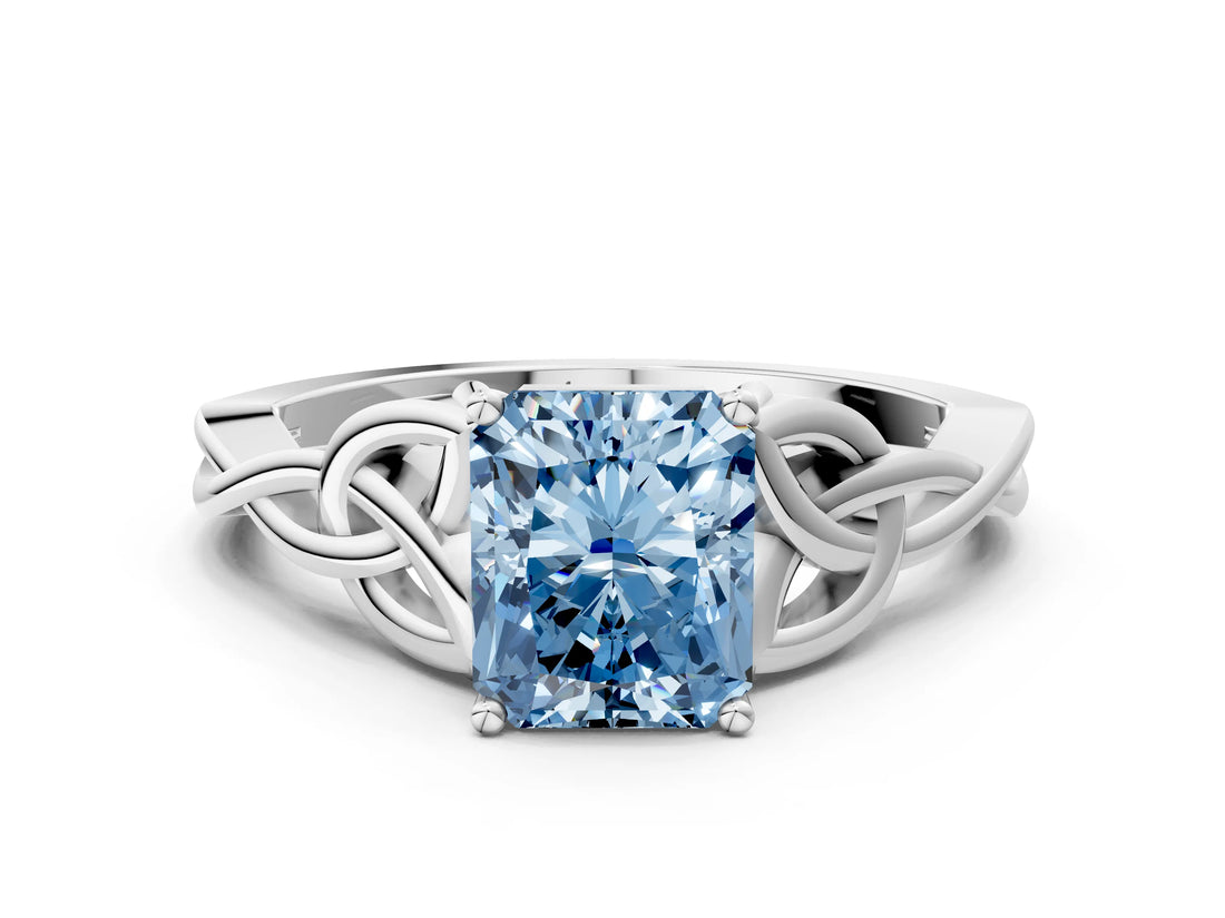 White gold Fancy Blue Radiant Cut Diamond Solitaire Celtic Knot Ring with Four-Prong Setting_106