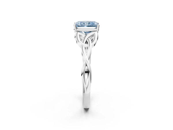 Platinum Fancy Blue Radiant Cut Diamond Solitaire Celtic Knot Ring with Four-Prong Setting