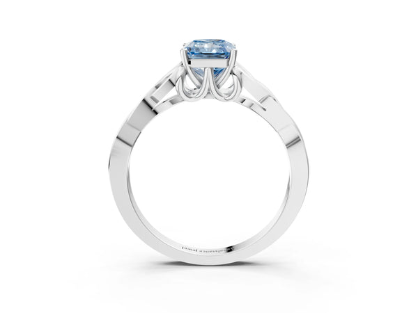 Platinum Fancy Blue Radiant Cut Diamond Solitaire Celtic Knot Ring with Four-Prong Setting