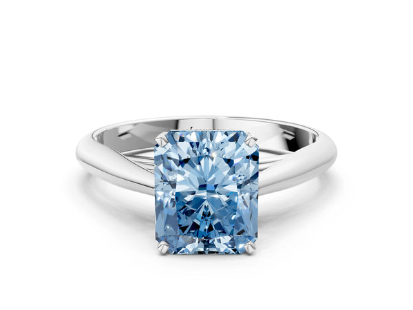 White gold Fancy Blue Radiant Cut Diamond Solitaire Engagement Ring with Cathedral Setting and Four-Prong Mount