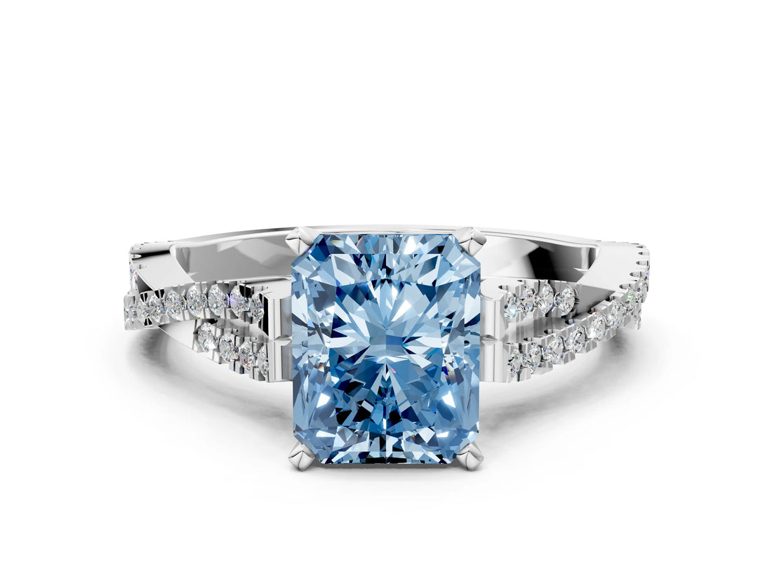 White gold Fancy Blue Radiant Cut Diamond Solitaire Engagement Ring with Twisted Pavé Band and Four-Prong Setting_92