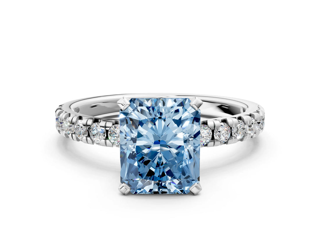 White gold Fancy Blue Radiant Cut Diamond Solitaire Pavé Engagement Ring with Round Band and Prong Setting_98