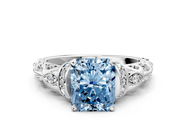 Platinum Fancy Blue Radiant Cut Diamond Solitaire Ring with Filigree Band and Four-Prong Setting