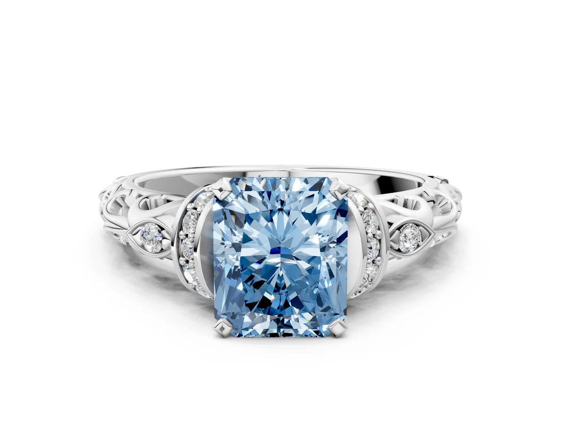 White gold Fancy Blue Radiant Cut Diamond Solitaire Ring with Filigree Band and Four-Prong Setting_96