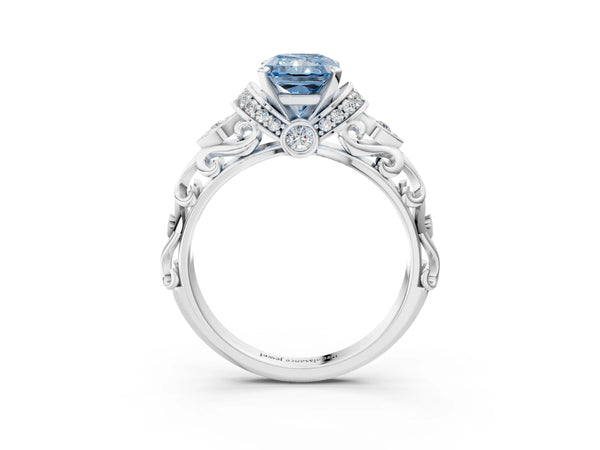 Platinum Fancy Blue Radiant Cut Diamond Solitaire Ring with Filigree Band and Four-Prong Setting