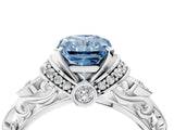 White gold Fancy Blue Radiant Cut Diamond Solitaire Ring with Filigree Band and Four-Prong Setting_99