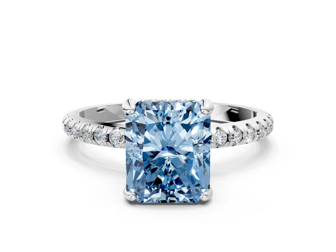 White gold Fancy Blue Radiant Cut Diamond Solitaire Ring with Four-Prong Setting and Pavé Band_3