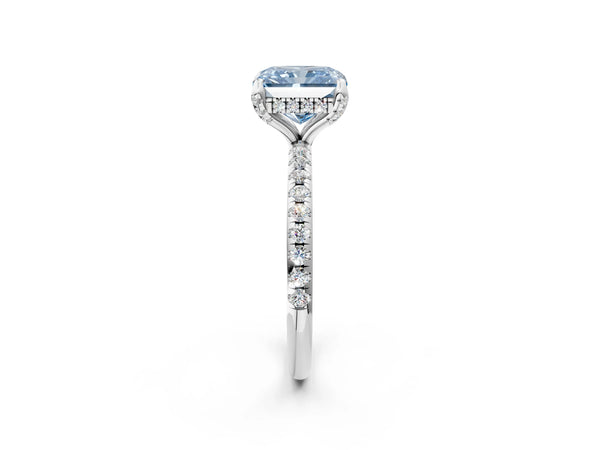 White gold Fancy Blue Radiant Cut Diamond Solitaire Ring with Four-Prong Setting and Pavé Band