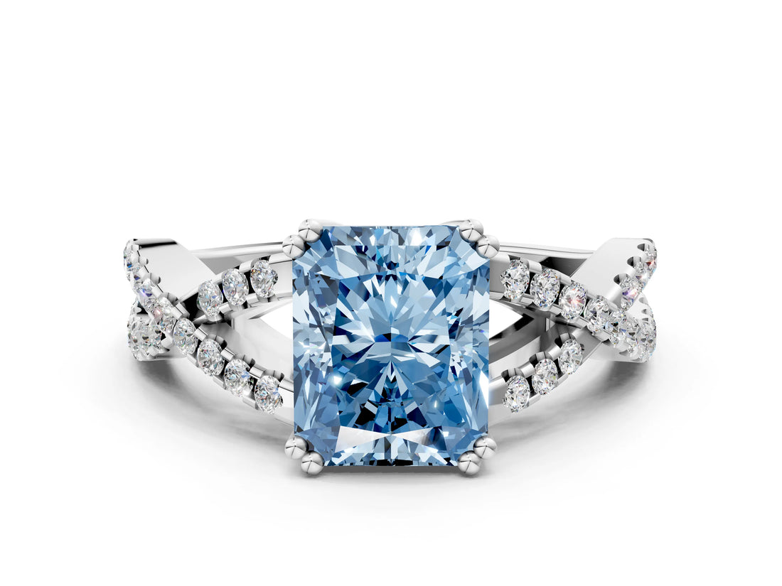 White gold Fancy Blue Radiant Cut Diamond Solitaire Ring with Four-Prong Setting and Twisted Pavé Band_48