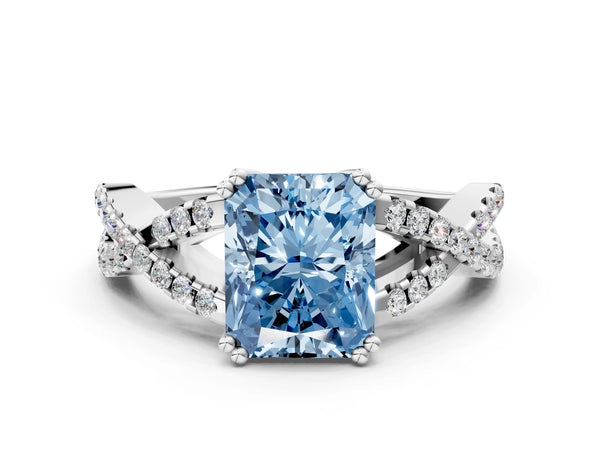White gold Fancy Blue Radiant Cut Diamond Solitaire Ring with Four-Prong Setting and Twisted Pavé Band