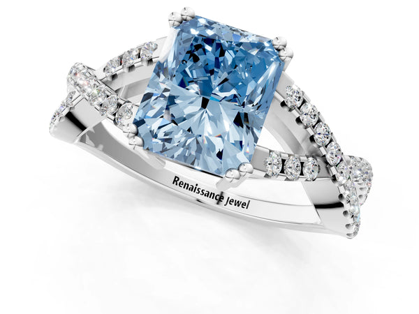 White gold Fancy Blue Radiant Cut Diamond Solitaire Ring with Four-Prong Setting and Twisted Pavé Band