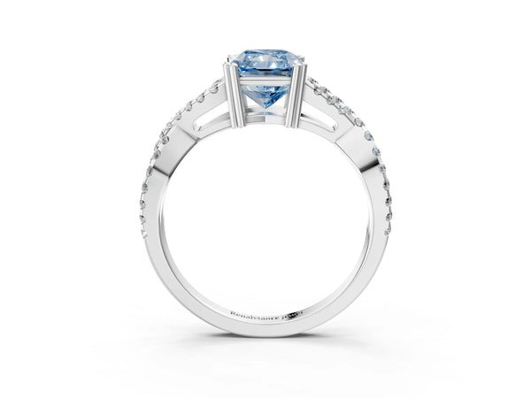 White gold Fancy Blue Radiant Cut Diamond Solitaire Ring with Four-Prong Setting and Twisted Pavé Band