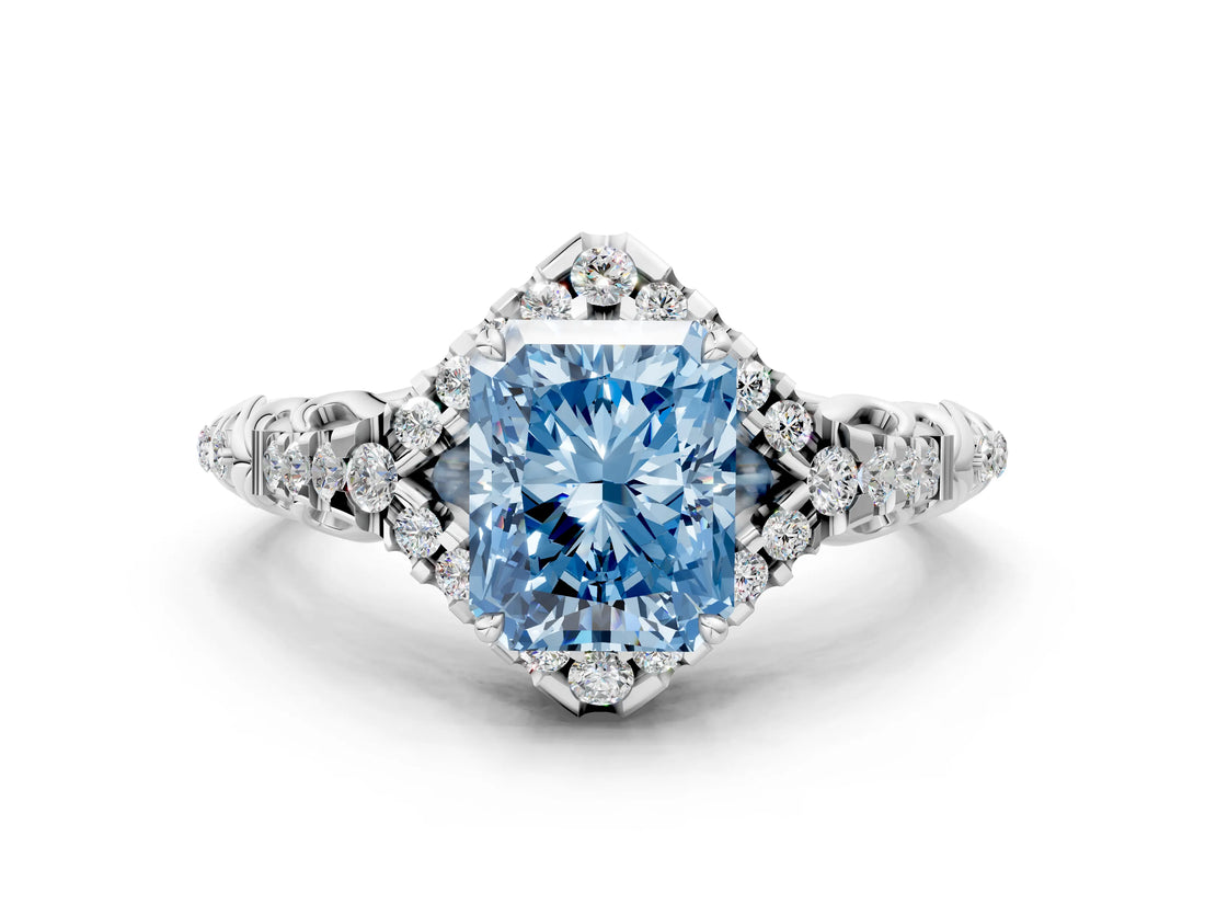 White gold Fancy Blue Radiant Cut Diamond Solitaire Ring with Hidden Halo and Pavé Band_39