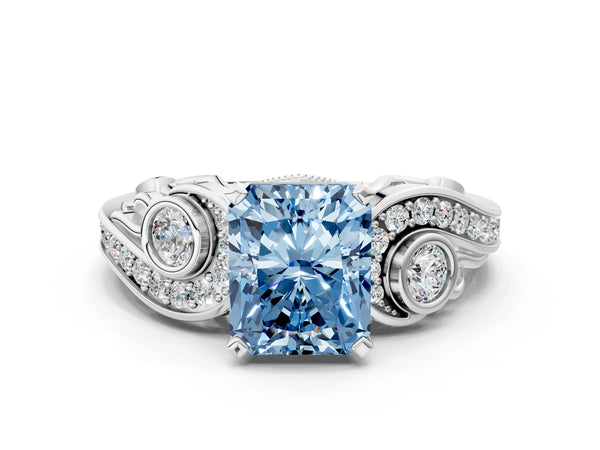 Platinum Fancy Blue Radiant Cut Diamond Solitaire Ring with Milgrain Pavé Band and Four-Prong Setting